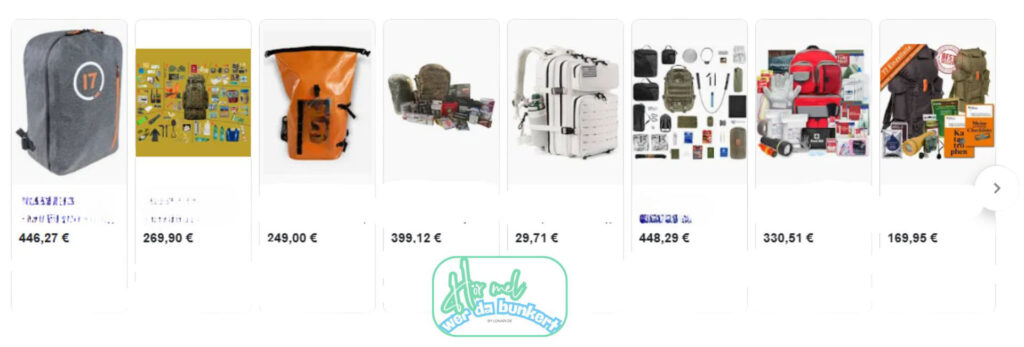 Gefüllte Fluchtrucksäcke - von 30 bis 500 Euro ist ales dabei. Foto: Screenshot